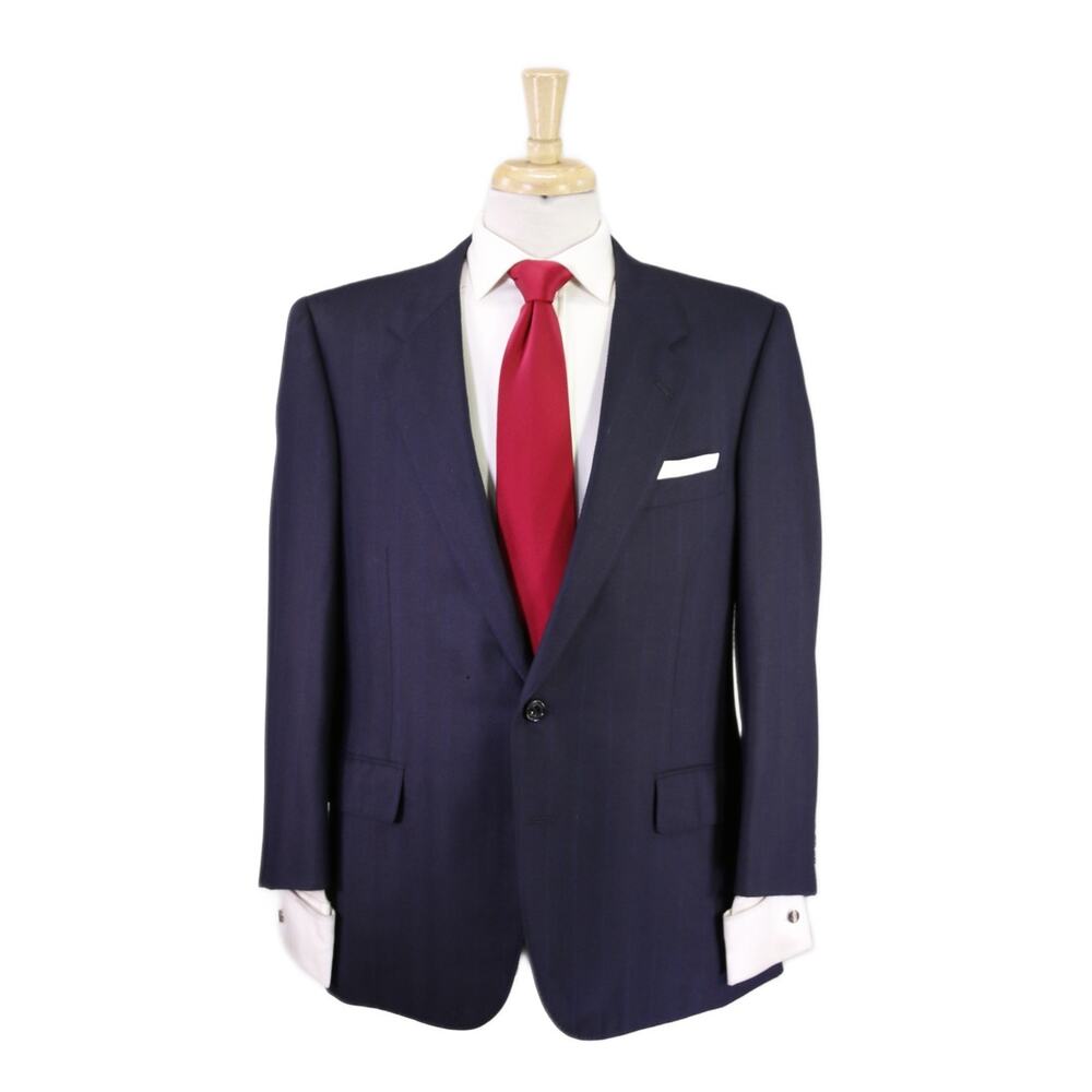 S.T Dupont Paris Navy Blue Herringbone Striped 100% Cashmere Suit 40S